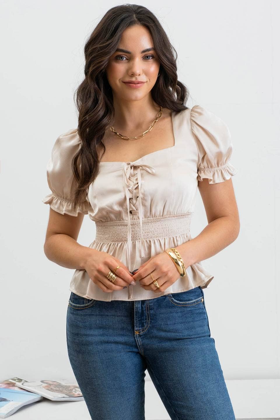 CHAMPAGNE LACE UP PEPLUM TOP