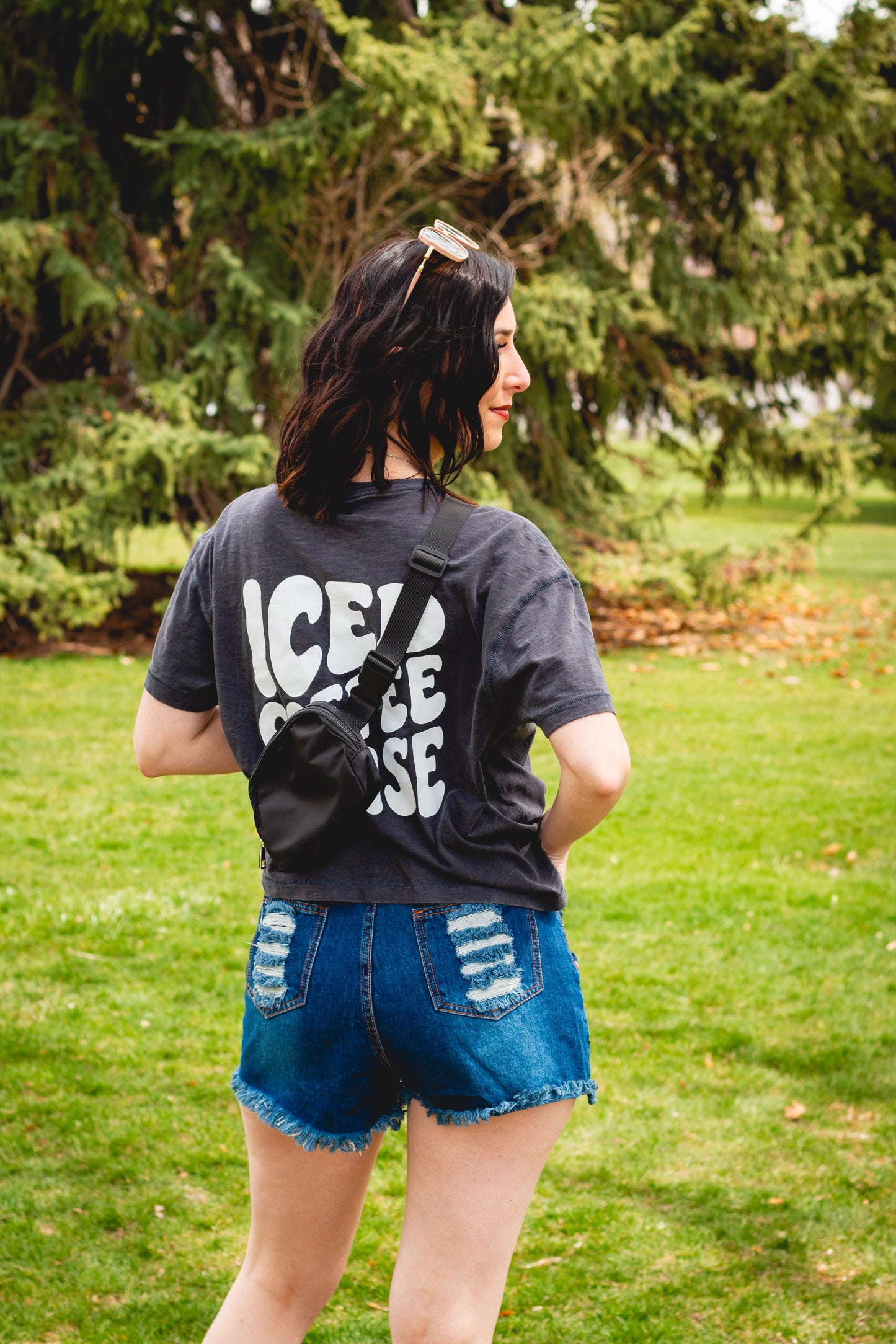 Iced Coffee Cropped Boxy Graphic Tee- Charcoal