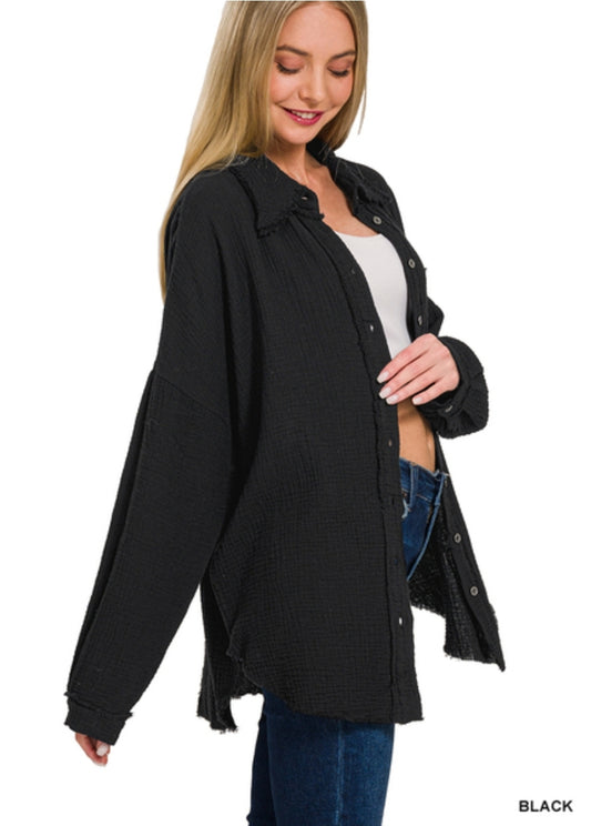 Double gauze oversized raw edge shirt