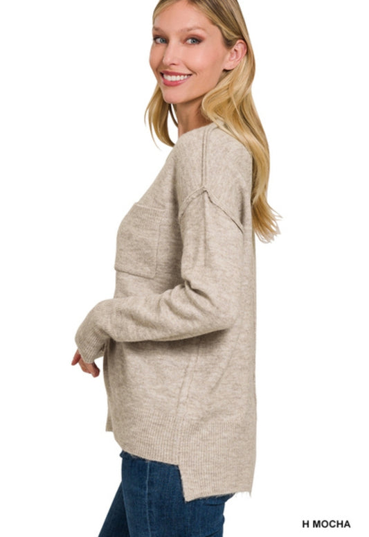 Melange hi-low hem pocket round neck sweater