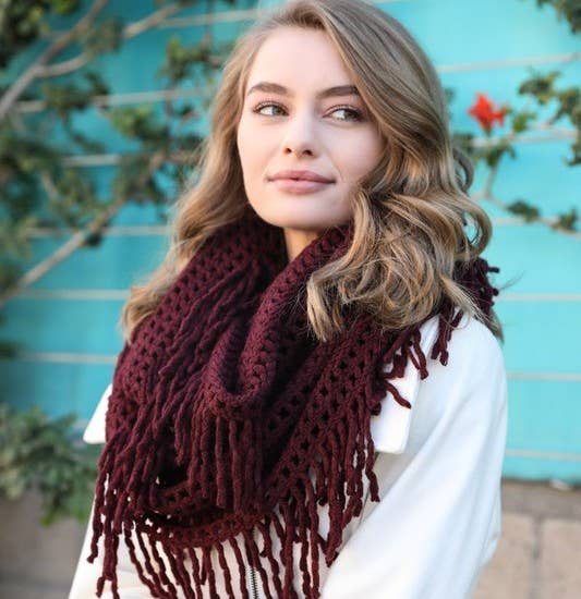 Lattice Knit Tassel Infinity Scarf- Burgundy