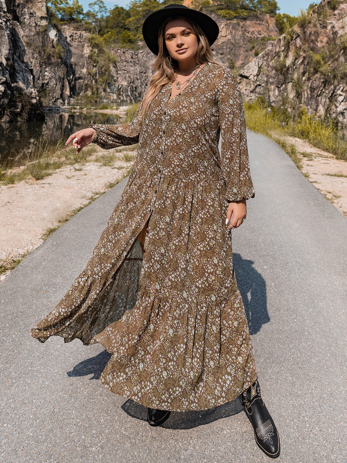 Enchanted V-Neck Balloon Sleeve Dress