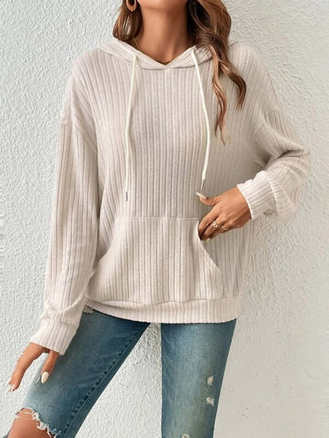 Bejeweled Dropped Shoulder Drawstring Hoodie