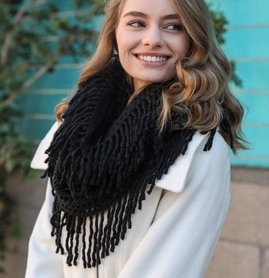 Lattice Knit Tassel Infinity Scarf - Black