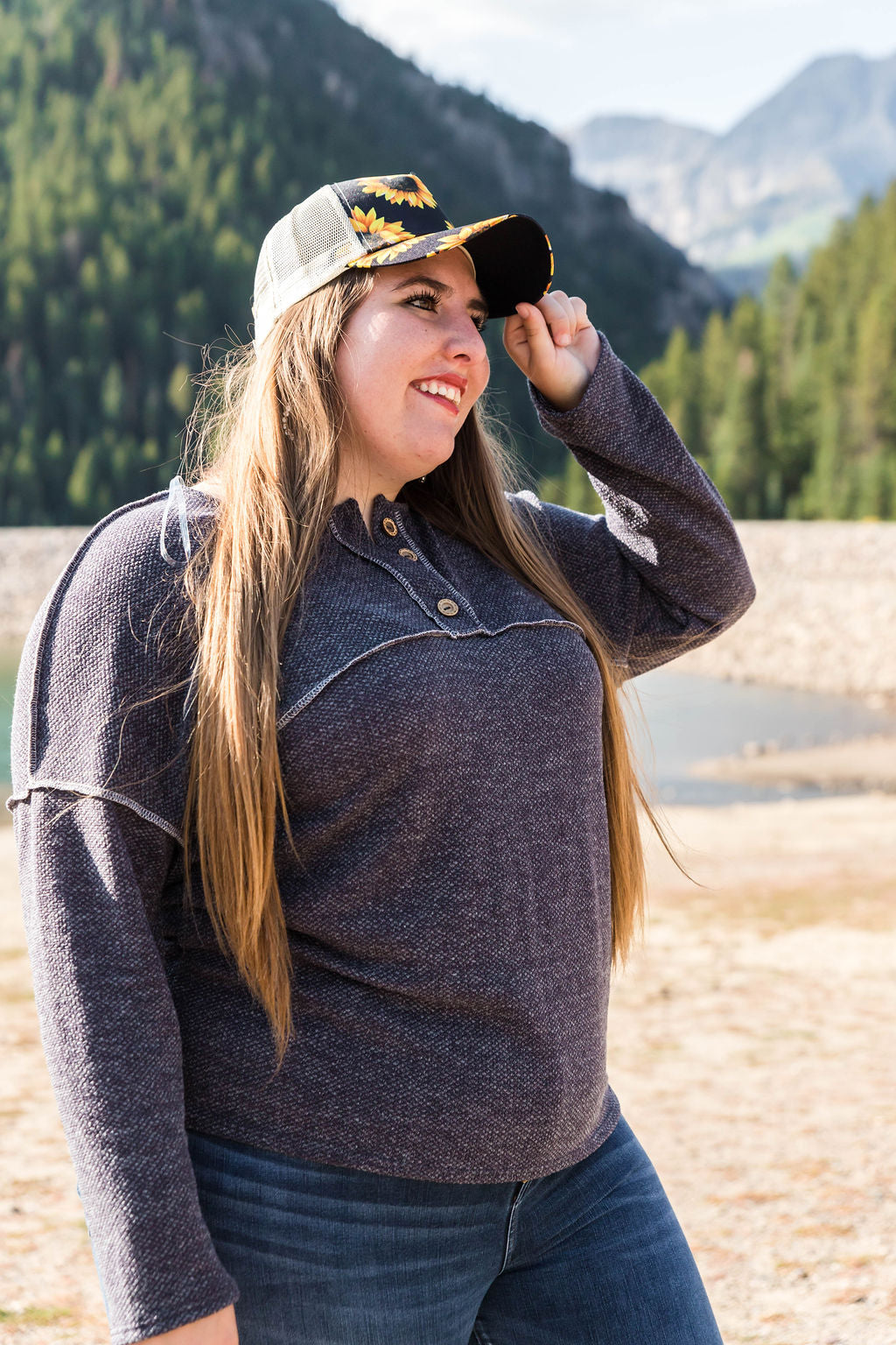 Autumn is Calling Henley Button Top - Charcoal