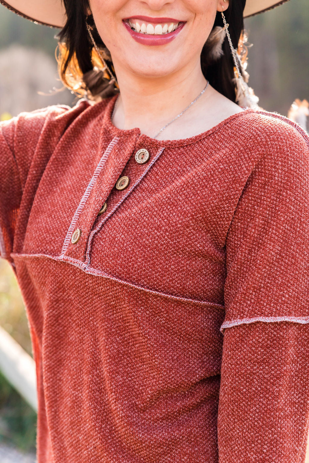 Autumn is Calling Henley Button Top - Rust