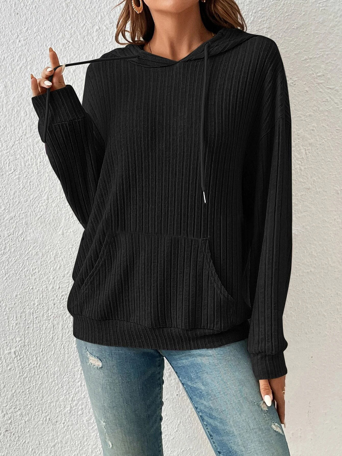 Bejeweled Dropped Shoulder Drawstring Hoodie
