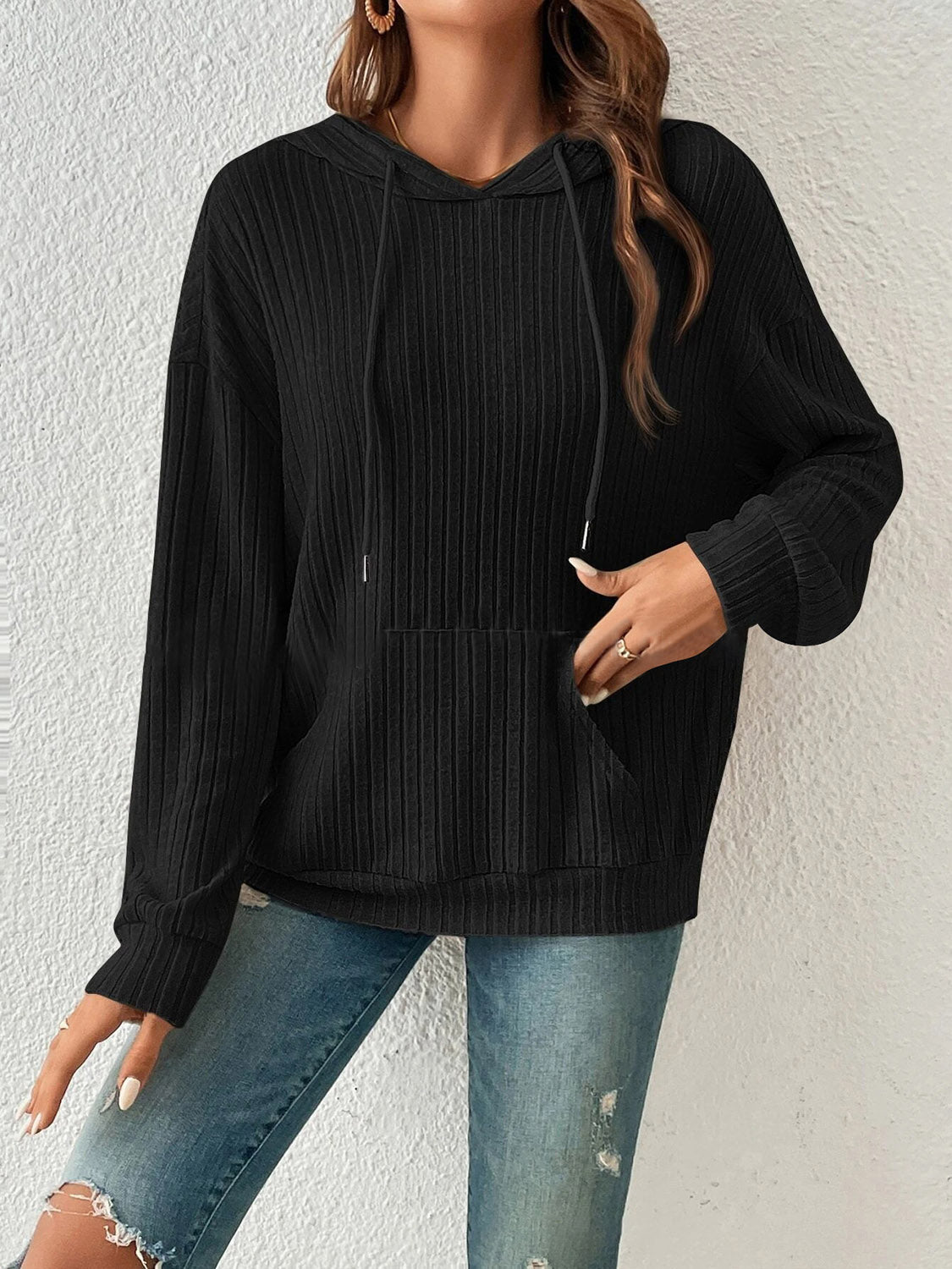 Bejeweled Dropped Shoulder Drawstring Hoodie