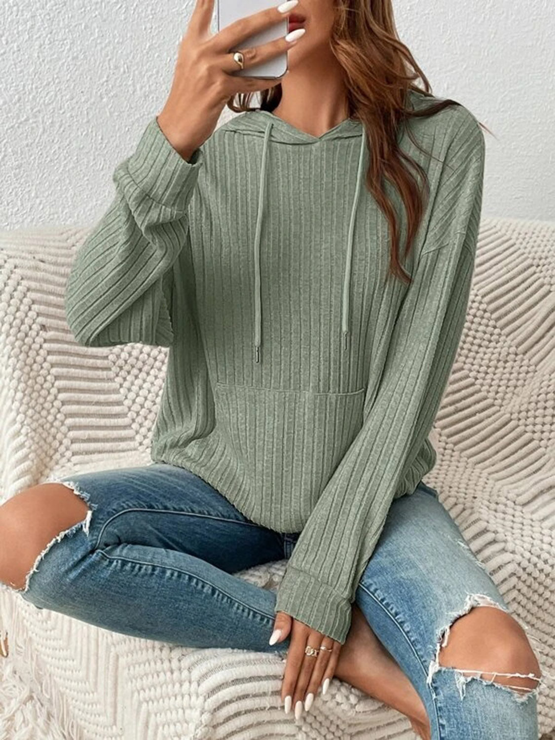 Bejeweled Dropped Shoulder Drawstring Hoodie