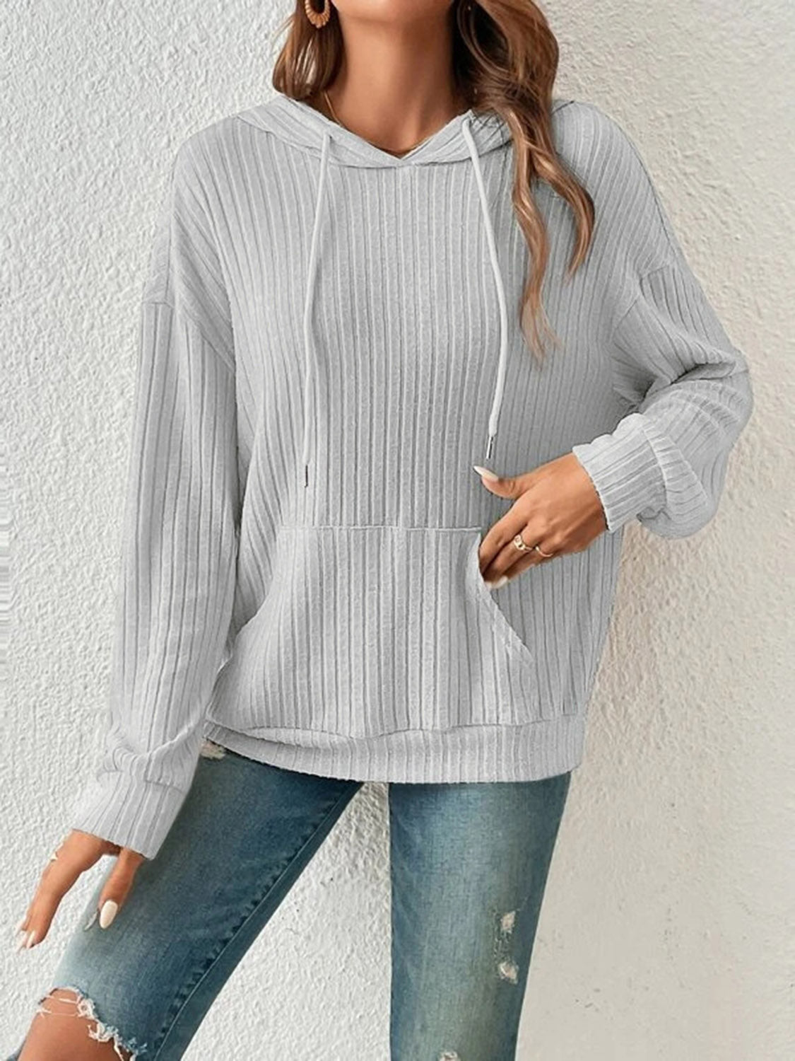 Bejeweled Dropped Shoulder Drawstring Hoodie