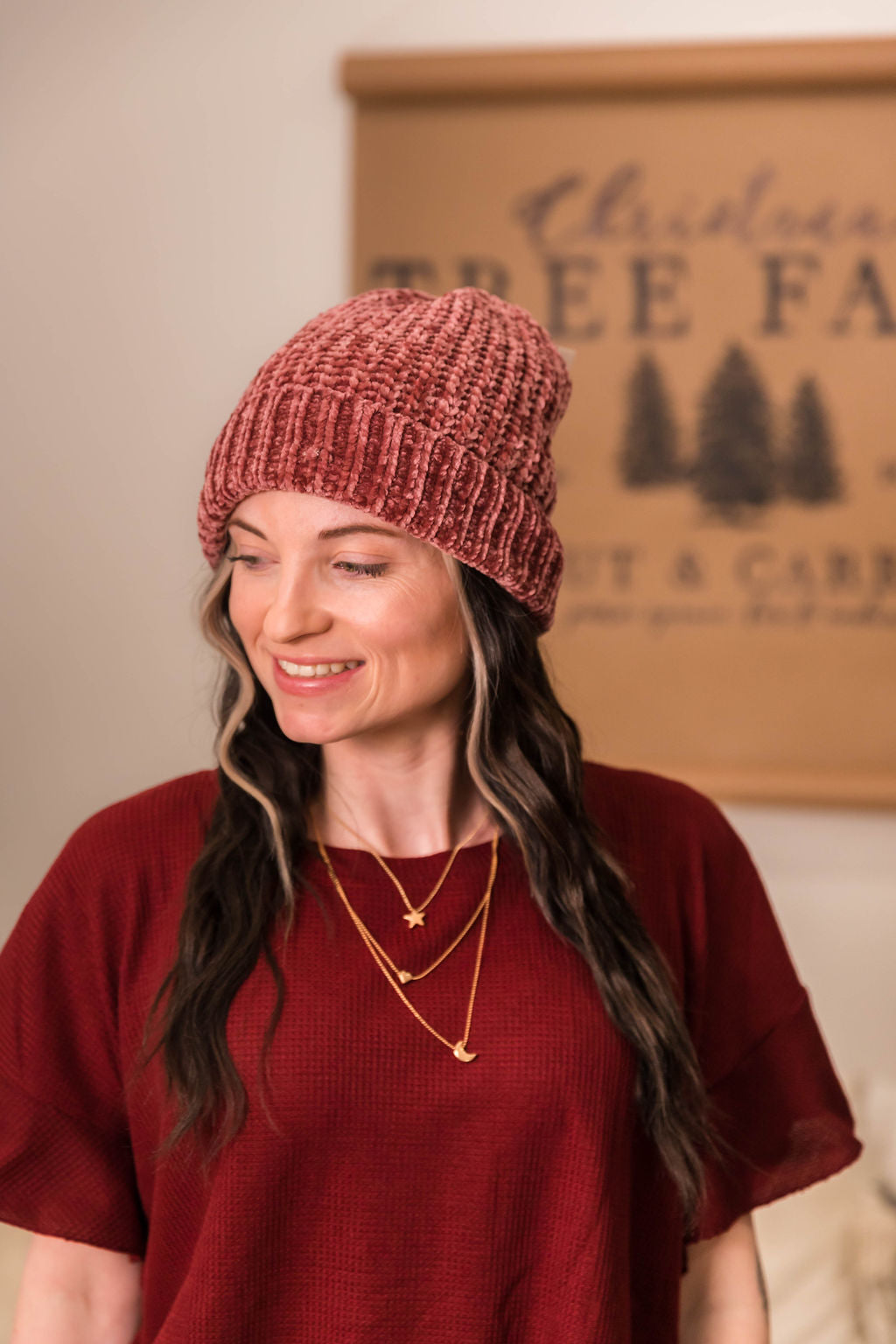 Raspberry Cream Chenille Beanie
