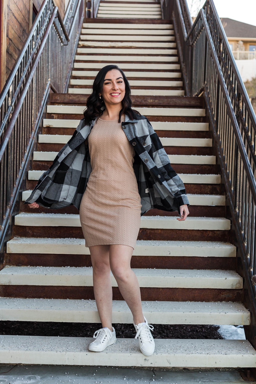 Aniston Long Sleeve Cable Knit Dress - Tan