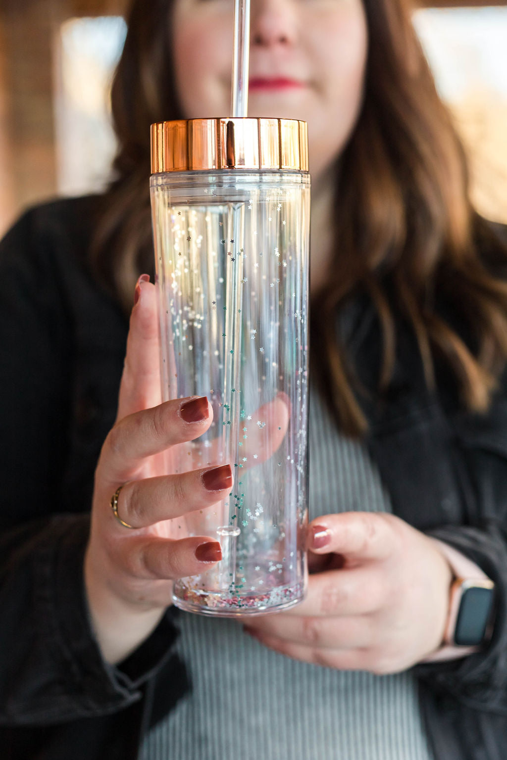 Plastic Drink Tumbler - Rose Gold Sparkle