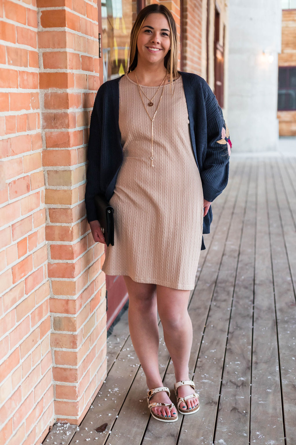 Aniston Long Sleeve Cable Knit Dress - Tan