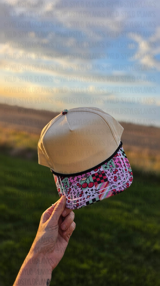 Cherry Patchwork Blank Trucker Hat