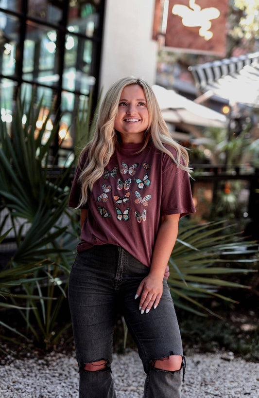 Butterfly Dream Graphic Tee - Wine Acid Wash
