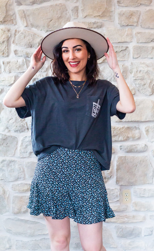 Iced Coffee Cropped Boxy Graphic Tee- Charcoal