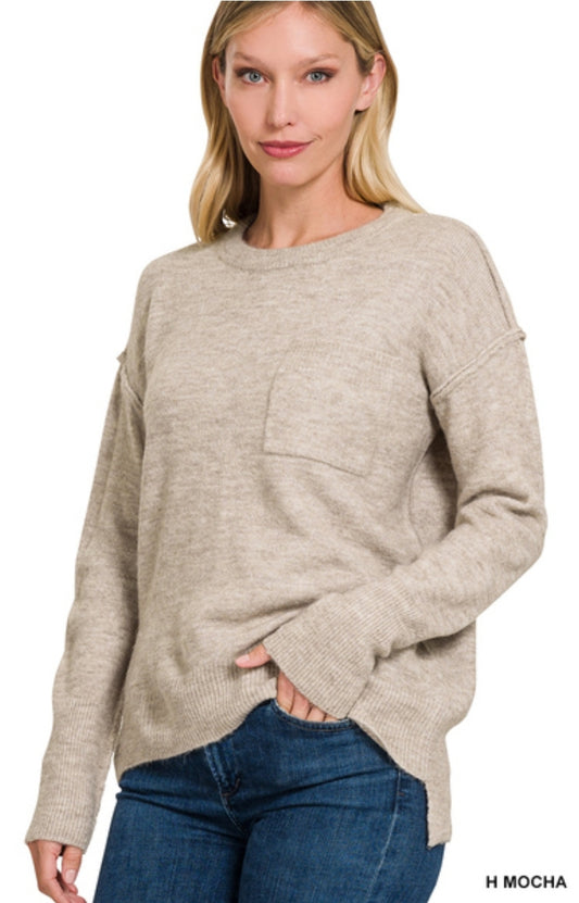 Melange hi-low hem pocket round neck sweater