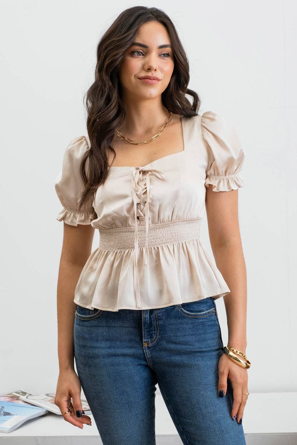 CHAMPAGNE LACE UP PEPLUM  TOP
