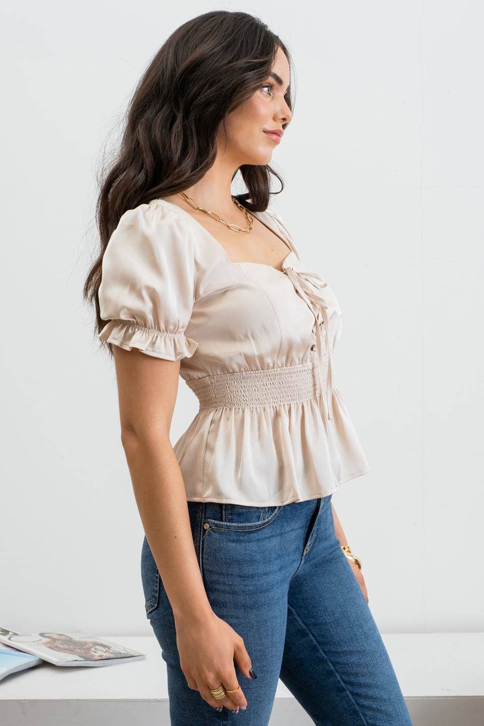 CHAMPAGNE LACE UP PEPLUM  TOP