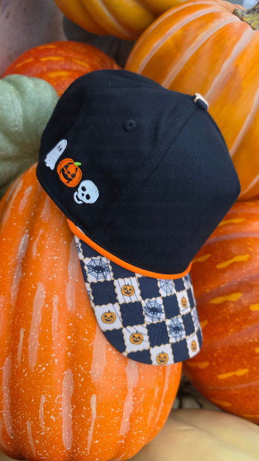 Checkered Jack O' Lantern Blank Trucker Hat