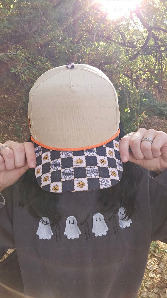 Tan Checkered Jack O' Lantern Blank Trucker Hat