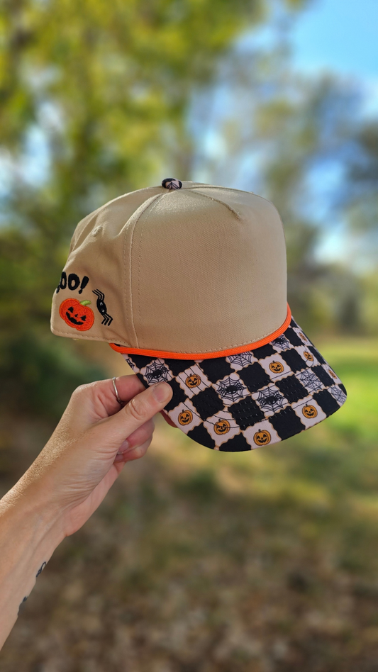 Tan Checkered Jack O' Lantern Blank Trucker Hat