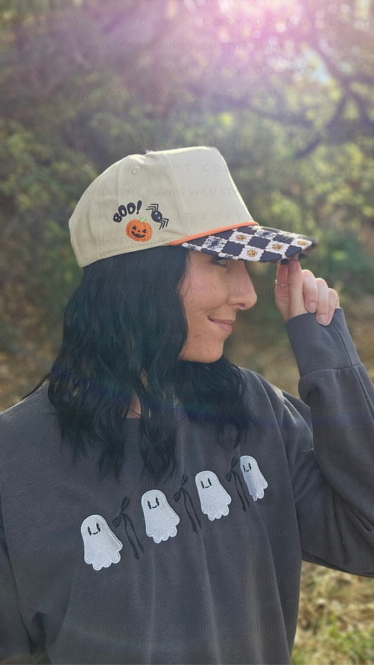 Tan Checkered Jack O' Lantern Blank Trucker Hat