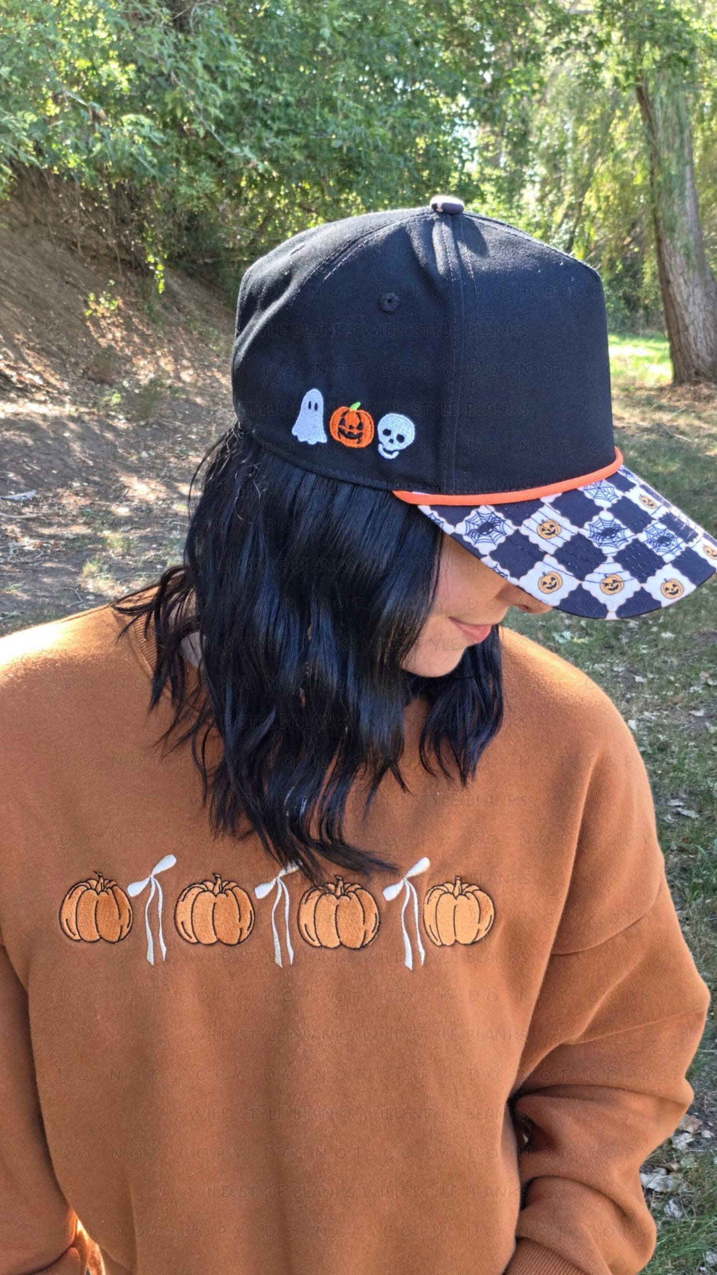 Checkered Jack O' Lantern Blank Trucker Hat