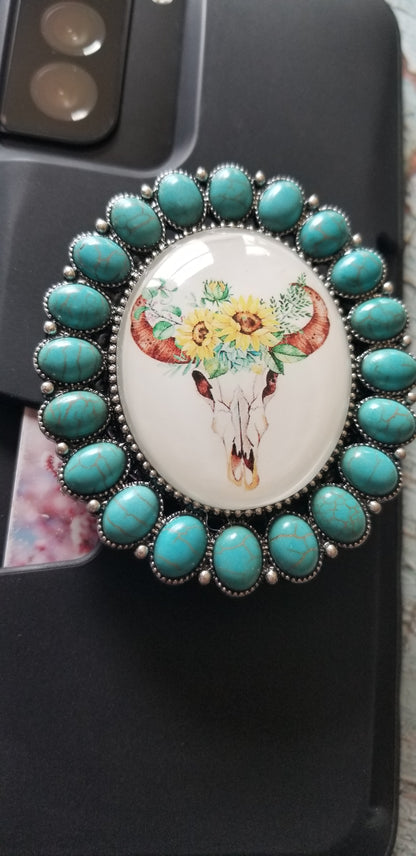 Turquoise Stone Steer Skull Bedazzled Phone Grip