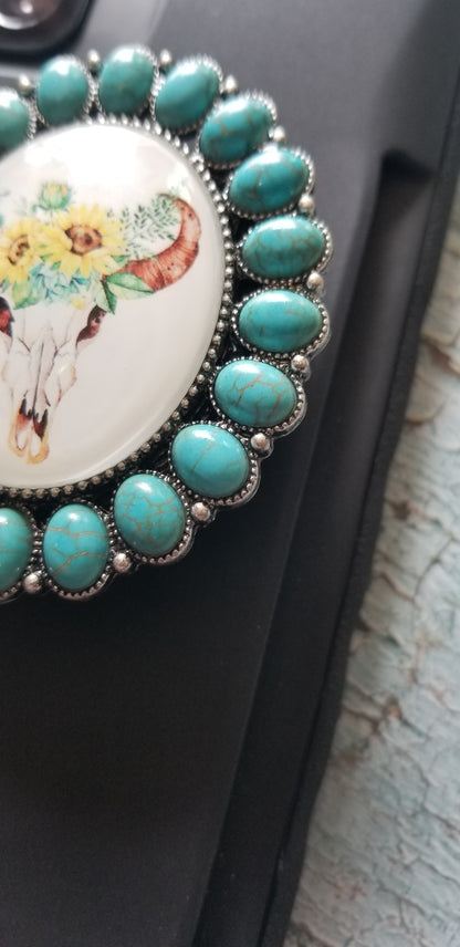 Turquoise Stone Steer Skull Bedazzled Phone Grip