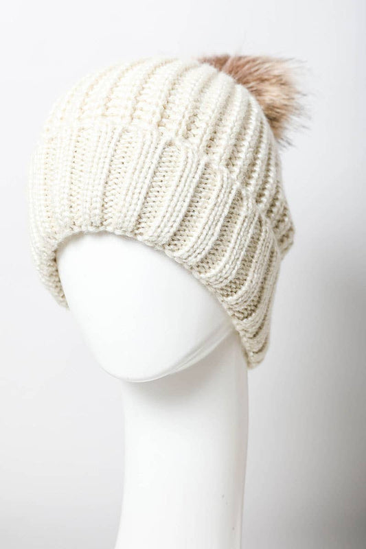 Metallic Rib Knit Pom Beanie