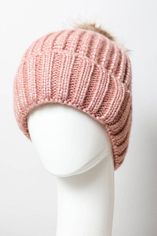 Metallic Rib Knit Pom Beanie