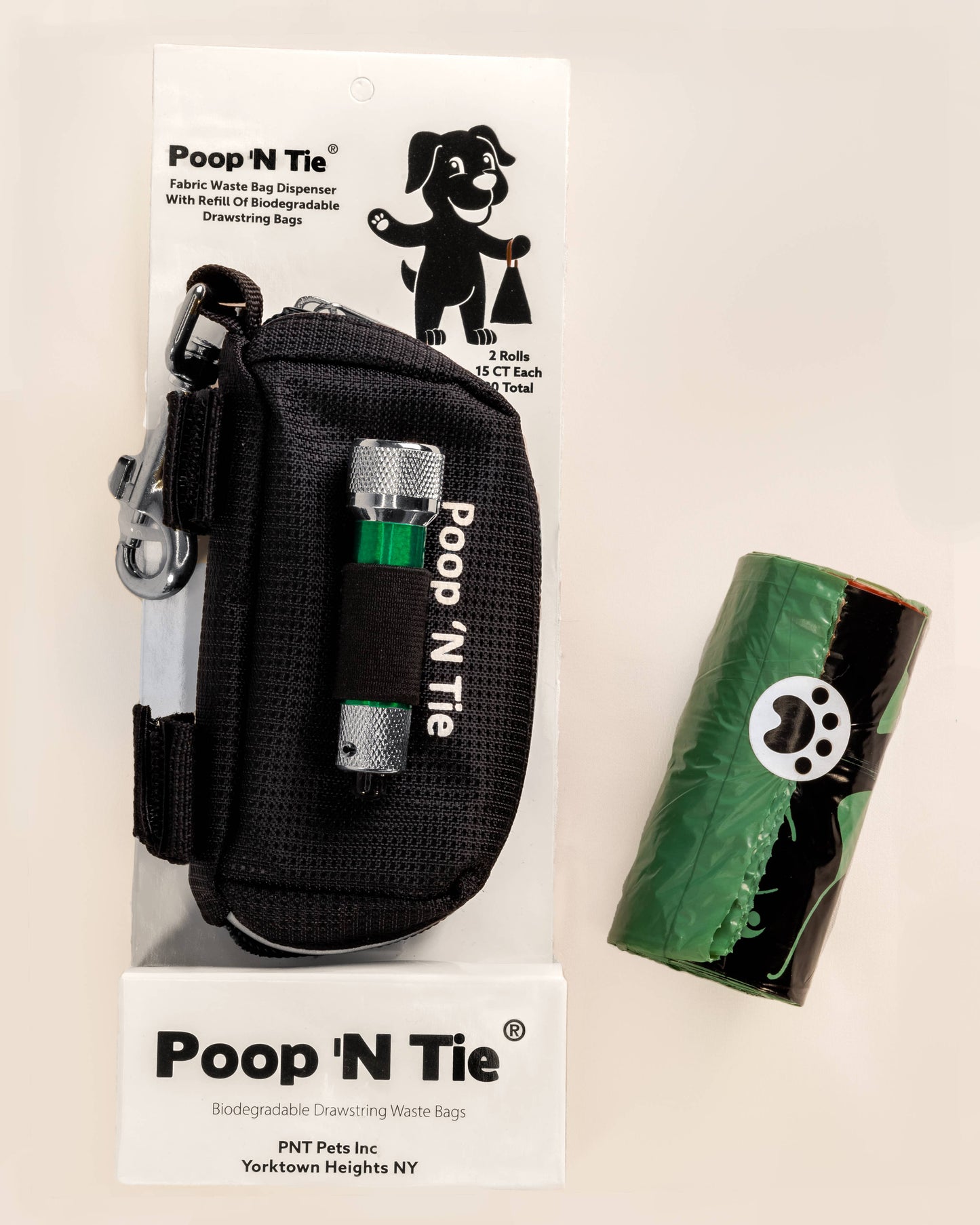 Dog Poop Bag Dispenser With 2 Rolls Of 15 bags W/Flashlight