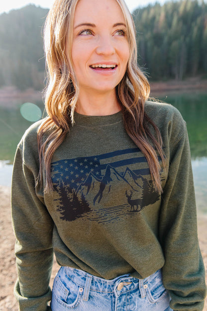 Patriotic Mountains - Army Green Sweater