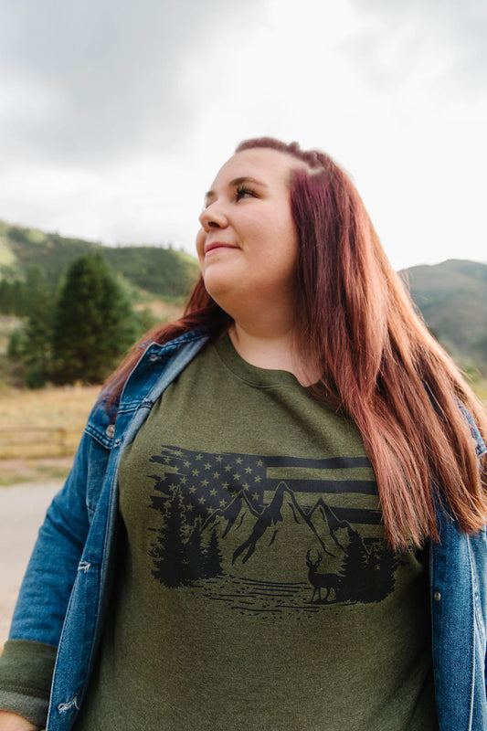 Patriotic Mountains - Army Green Sweater