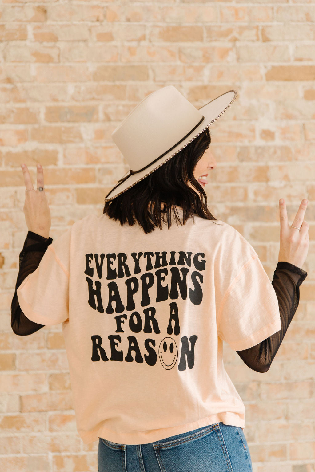 Everything Happens Cropped Boxy Graphic Tee- Peach