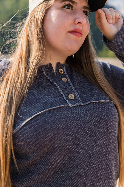 Autumn is Calling Henley Button Top - Charcoal