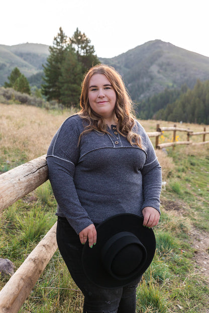 Autumn is Calling Henley Button Top - Charcoal