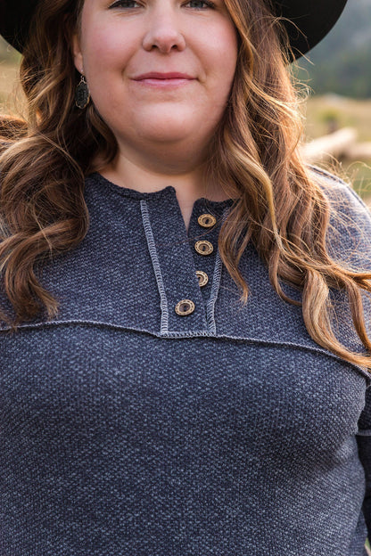 Autumn is Calling Henley Button Top - Charcoal