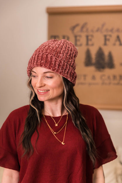 Raspberry Cream Chenille Beanie