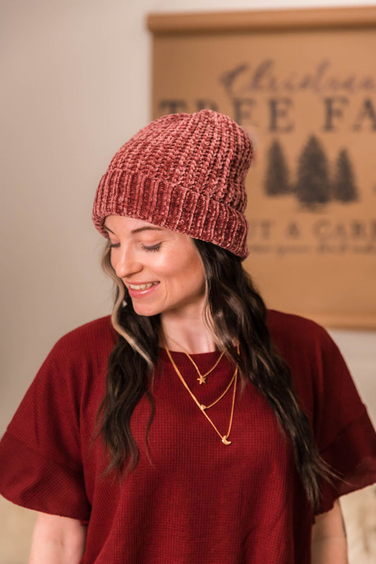 Raspberry Cream Chenille Beanie