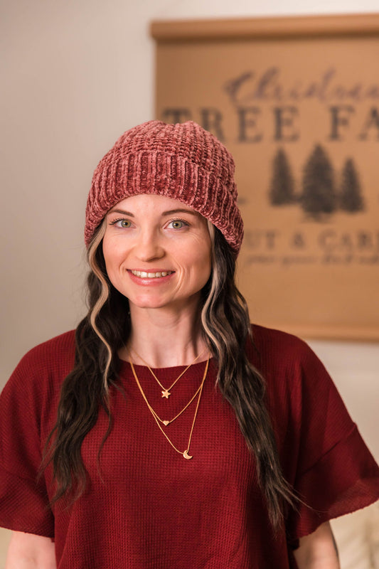 Raspberry Cream Chenille Beanie