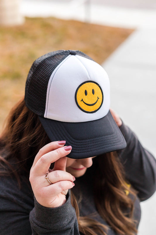 Happy Face Trucker Hat (Black and White)