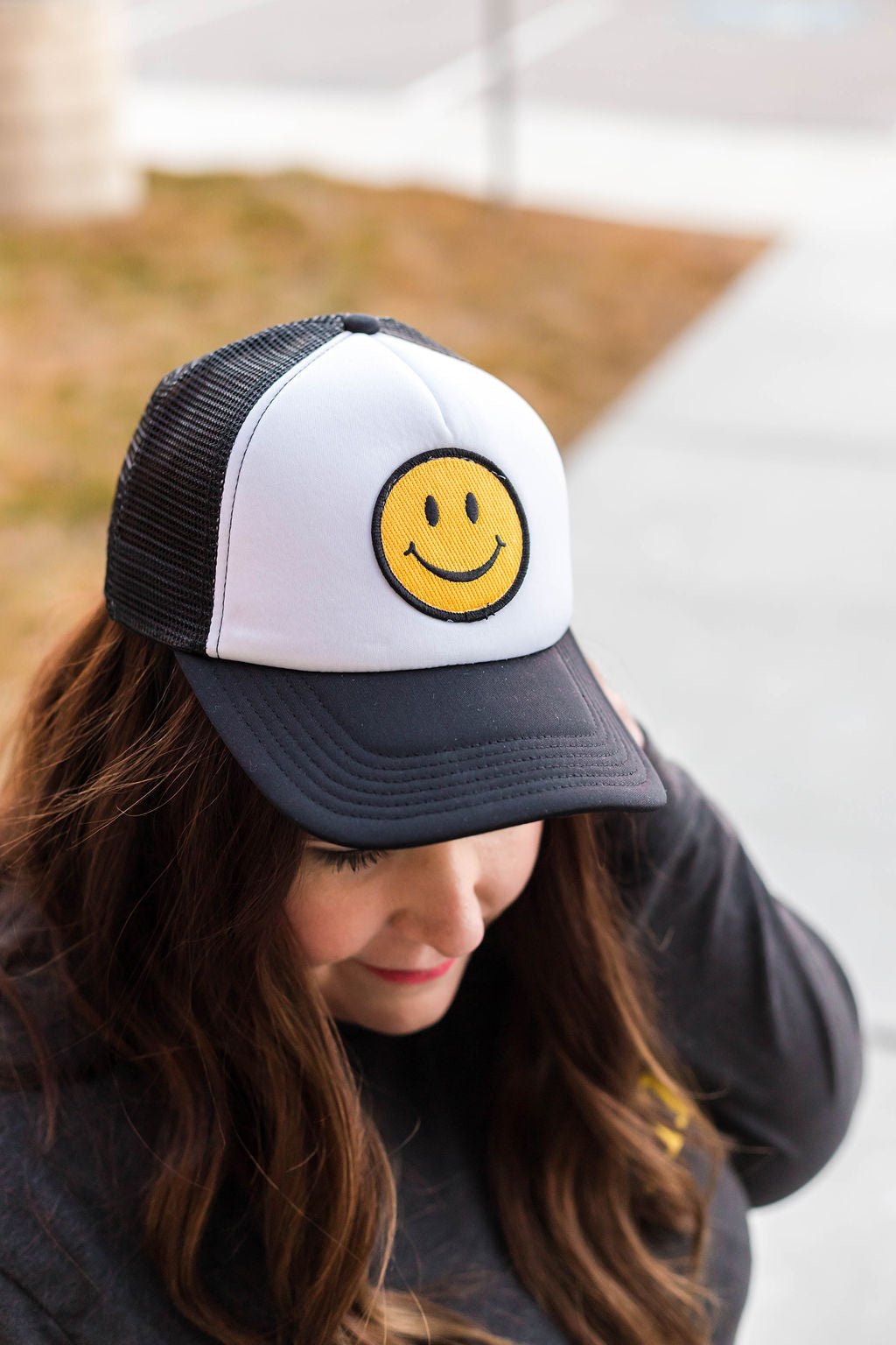 Happy Face Trucker Hat (Black and White)